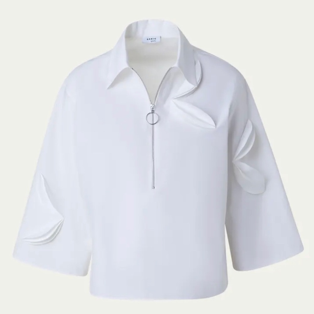 AKRIS Bird-Applique Cotton-Gabardine Quarter-Zip Kimono Blouse, White, Size 10